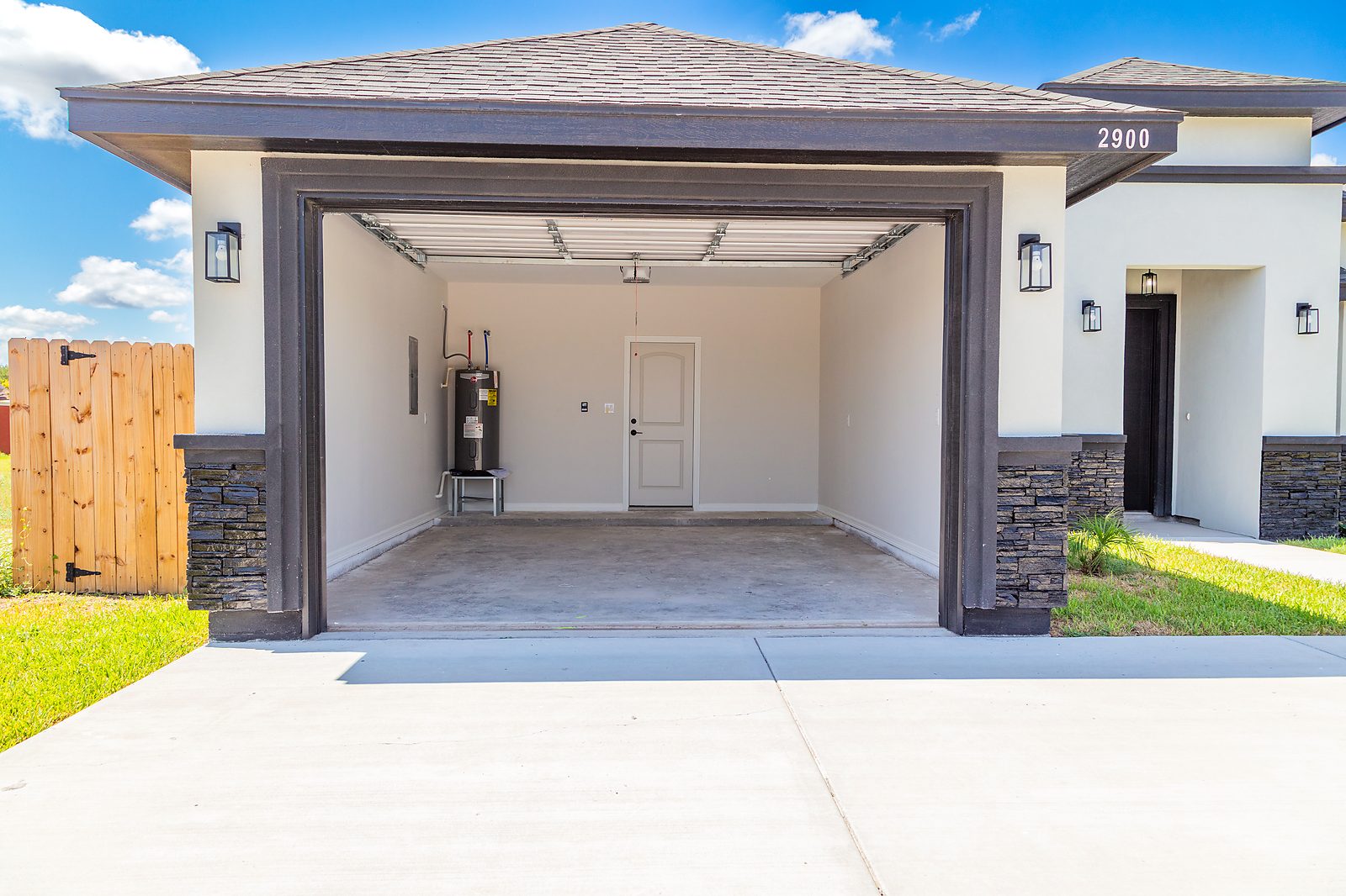Two-car garage bay viewed from driveway