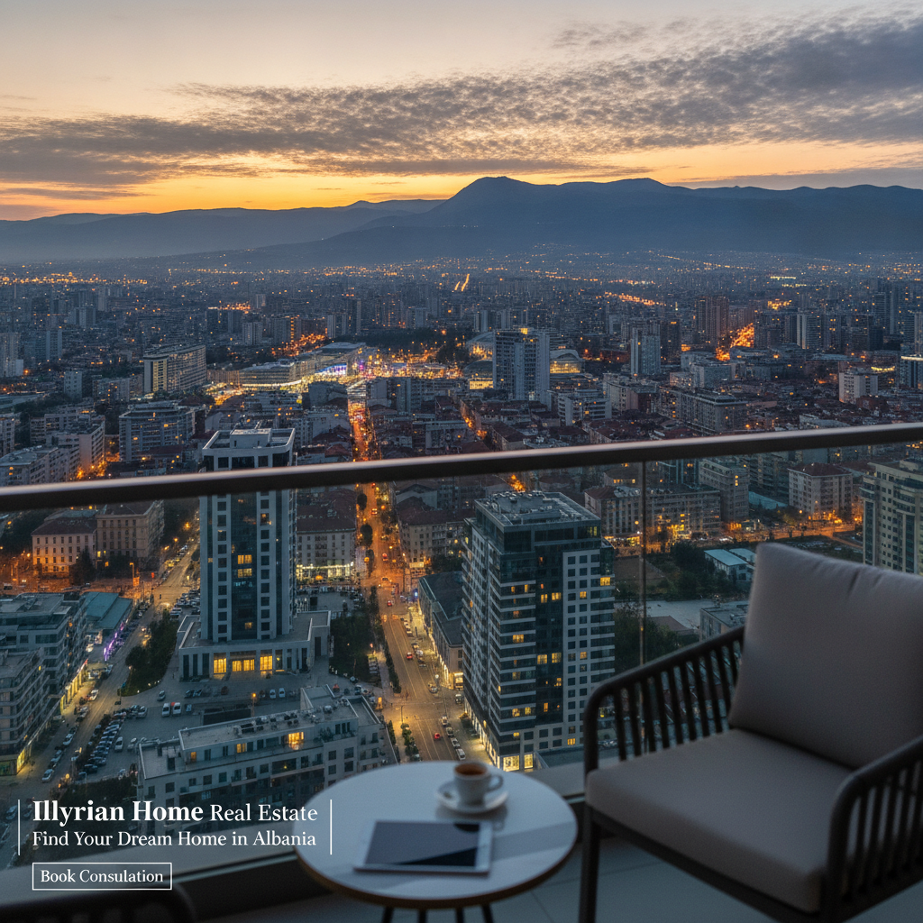 Cinematic view from a luxury apartment balcony overlooking Tirana, Albania