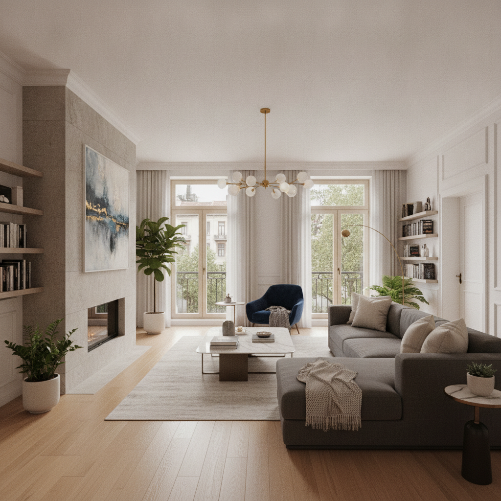 Spacious modern apartment living room in the Blloku area of Tirana
