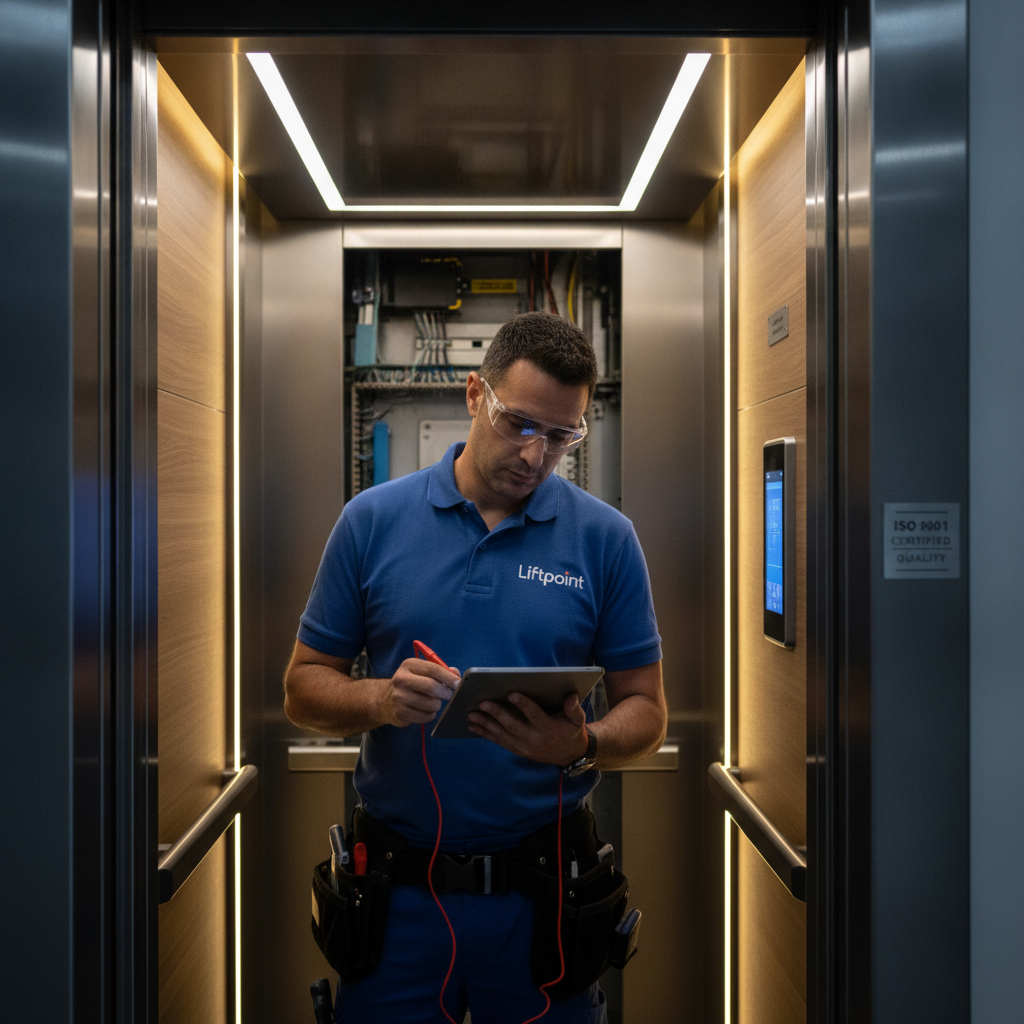 Εξειδικευμένος μηχανικός της Liftpoint κατά τη διάρκεια ελέγχου συστημάτων ανελκυστήρα