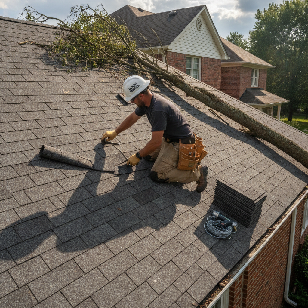 Professional roofer fixing storm damage and replacing shingles