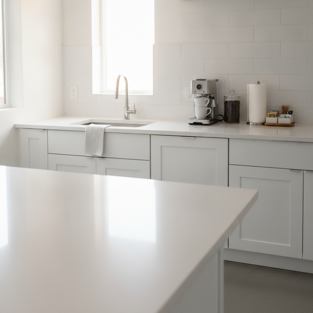 Susie carefully wiping down a bright kitchen counter in a warm, sunlit South Florida home with fresh linens and soft pink accents