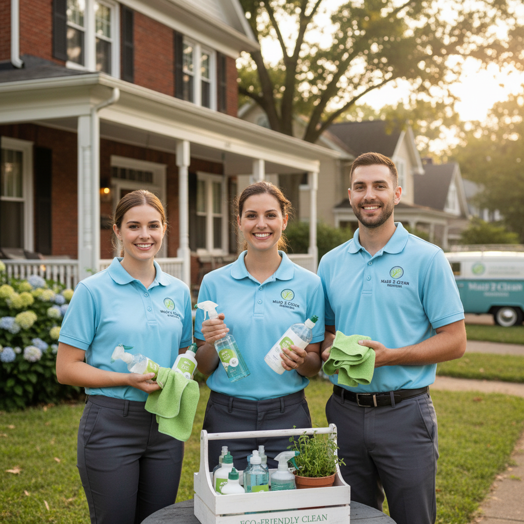 Friendly uniformed Maid 2 Clean Memphis cleaning team smiling outside a charming Memphis home with eco-friendly supplies