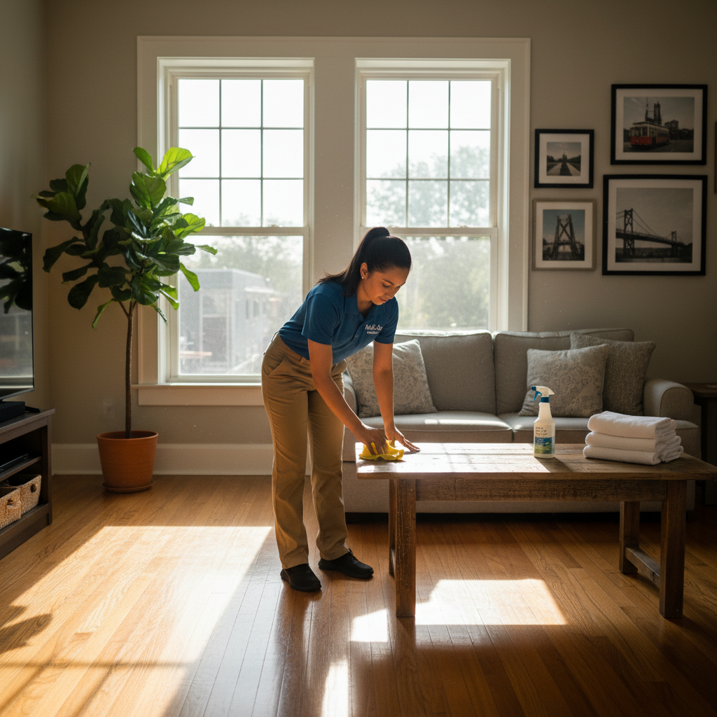 Bright sunlit Memphis living room being professionally cleaned by a uniformed maid wiping a coffee table with a microfiber cloth, sparkling hardwood floors and natural daylight streaming through tall windows