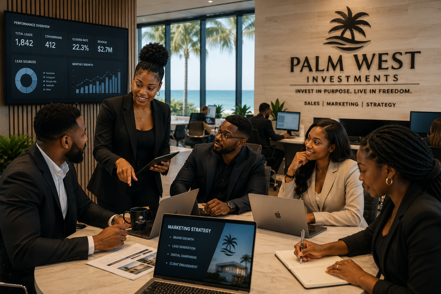 Diverse multiethnic team of Black, Asian, Hispanic, and White marketing executives collaborating in modern coastal boardroom at Palm West Investments