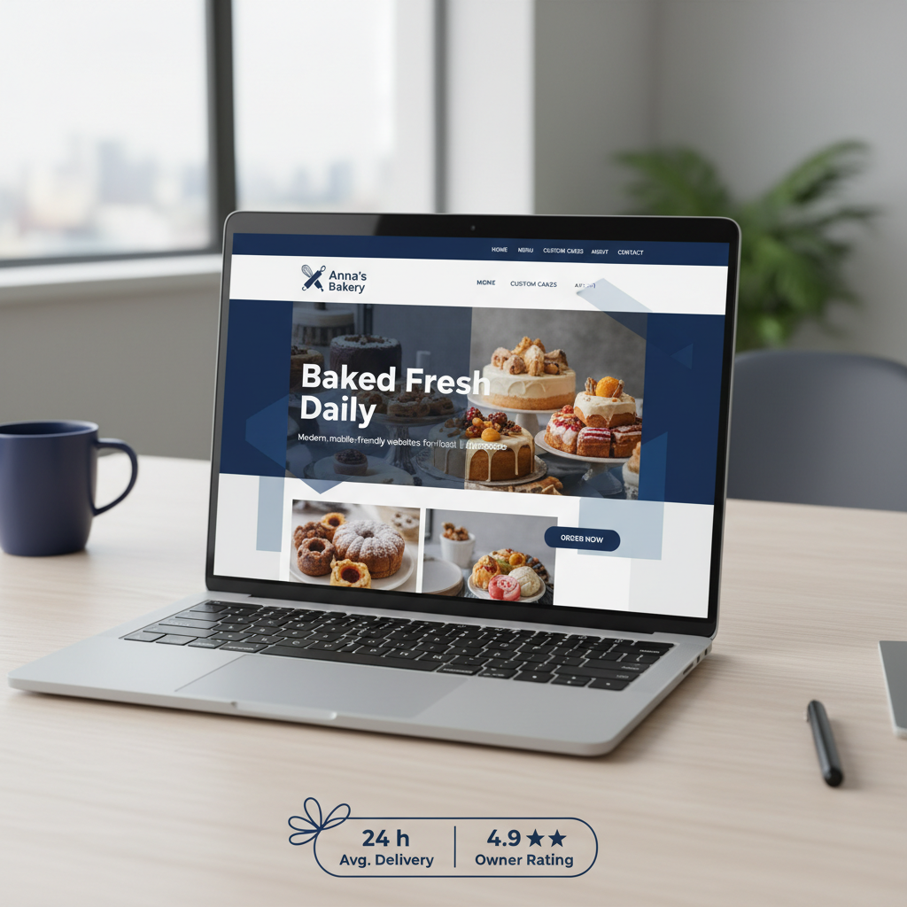 Modern, professional website design for a local business displayed on a sleek laptop screen with navy and blue accents