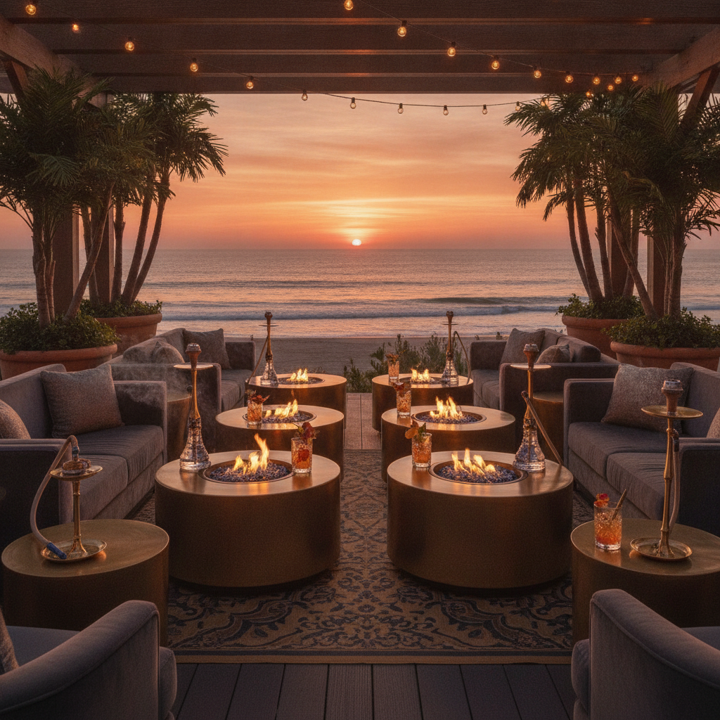 Ocean view patio seating at sunset