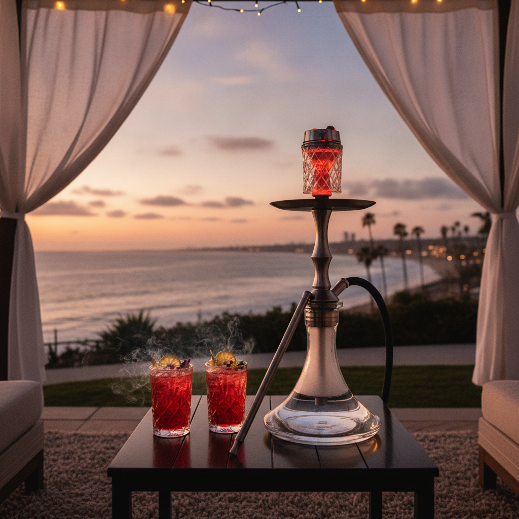 Luxurious hookah with glowing coals against a twilight Malibu ocean backdrop