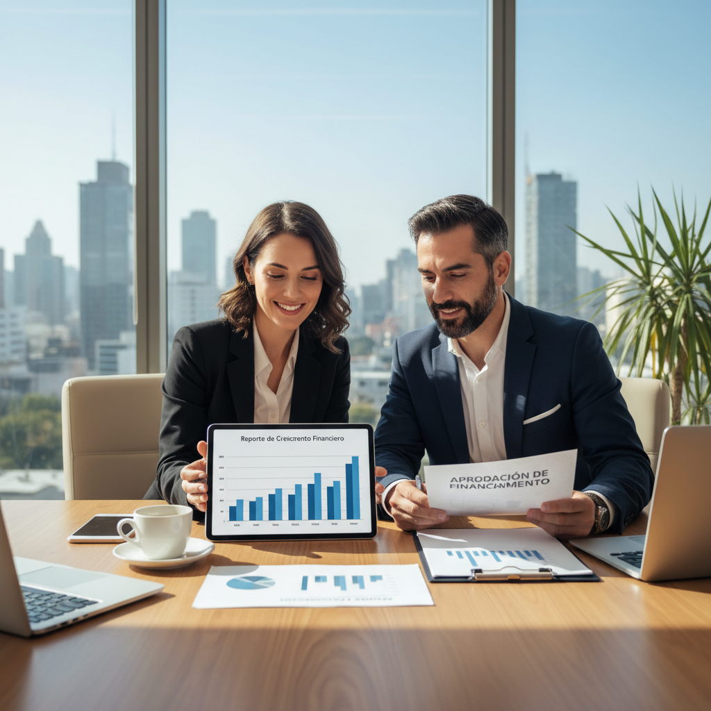 Socios de negocios confiados revisando reportes de crecimiento financiero y aprobaciones de financiamiento en una oficina moderna