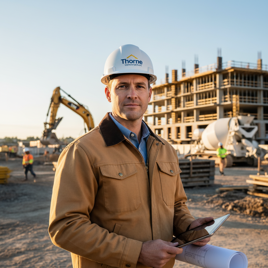 Confident male construction company founder in hard hat