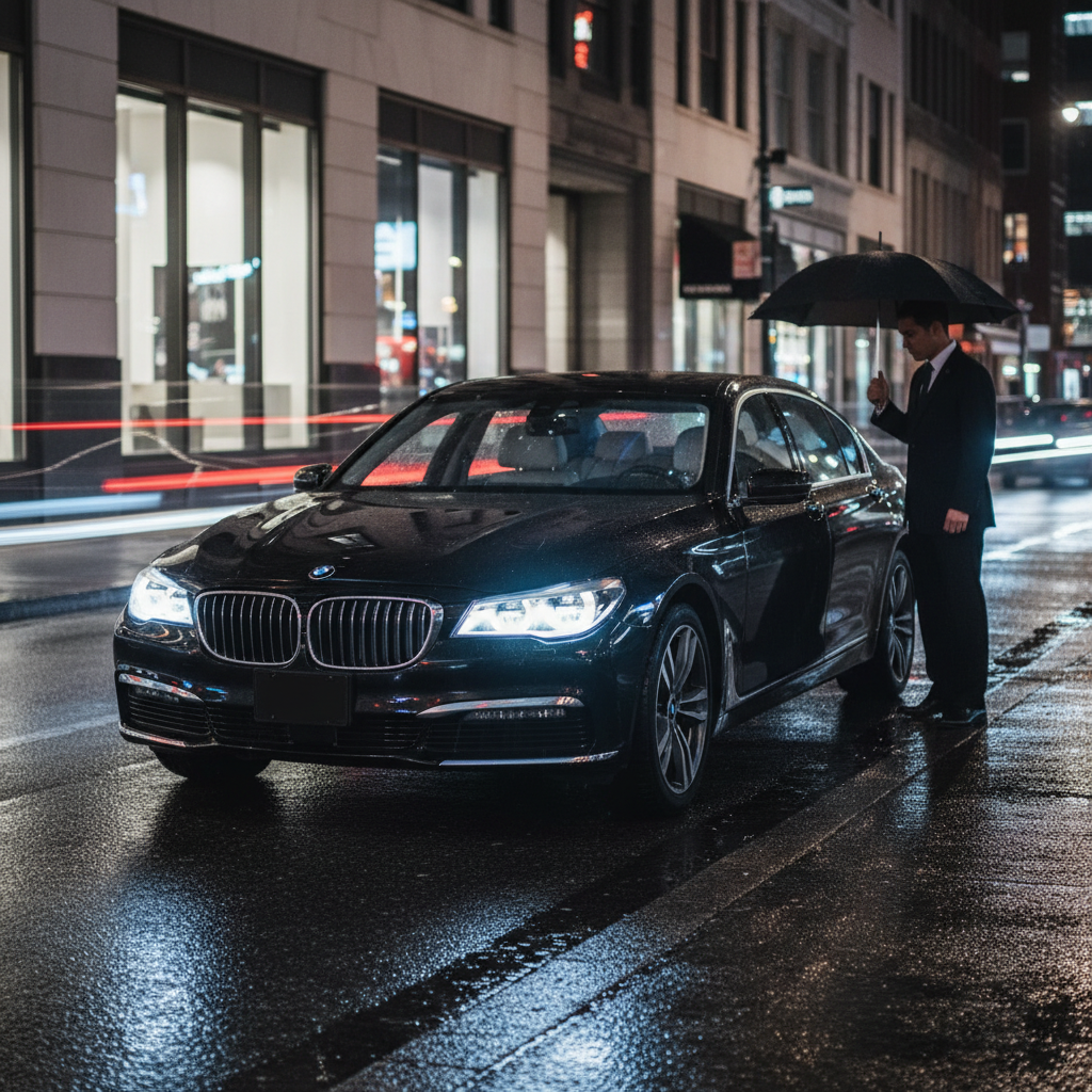 Polished black BMW 7 Series executive sedan with illuminated kidney grille on a city street at night