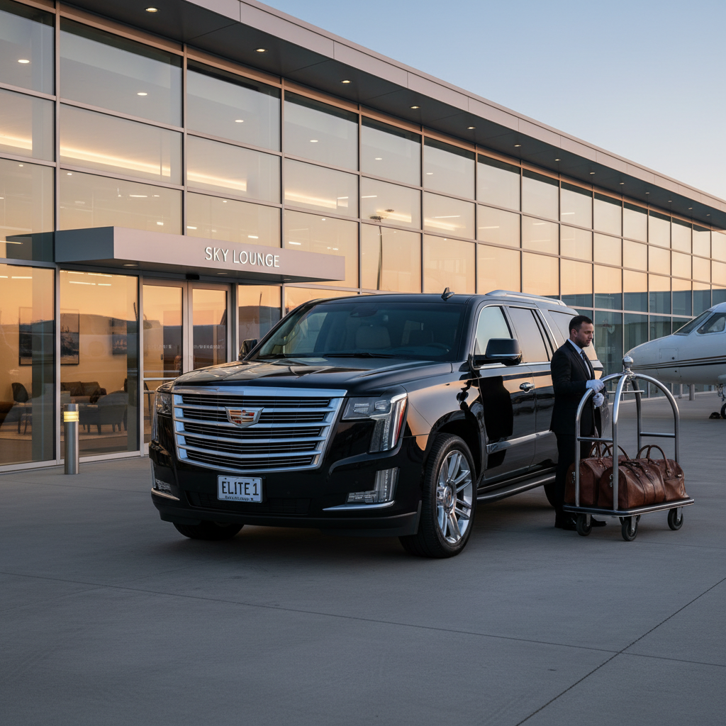 Imposing black Chevy Suburban luxury SUV with chrome grille parked at a private airport terminal