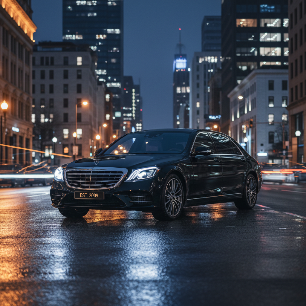 Sleek black Mercedes S-Class luxury chauffeur sedan parked under dramatic night city lights with elegant reflections