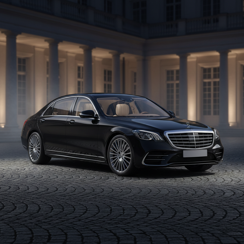Sleek black Mercedes-Benz S-Class luxury sedan parked under dramatic lighting with gleaming chrome detail