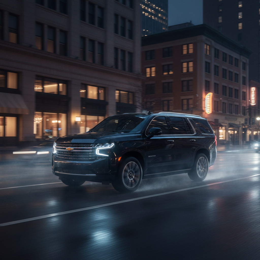 Black Chevy Suburban luxury SUV driving through city at night