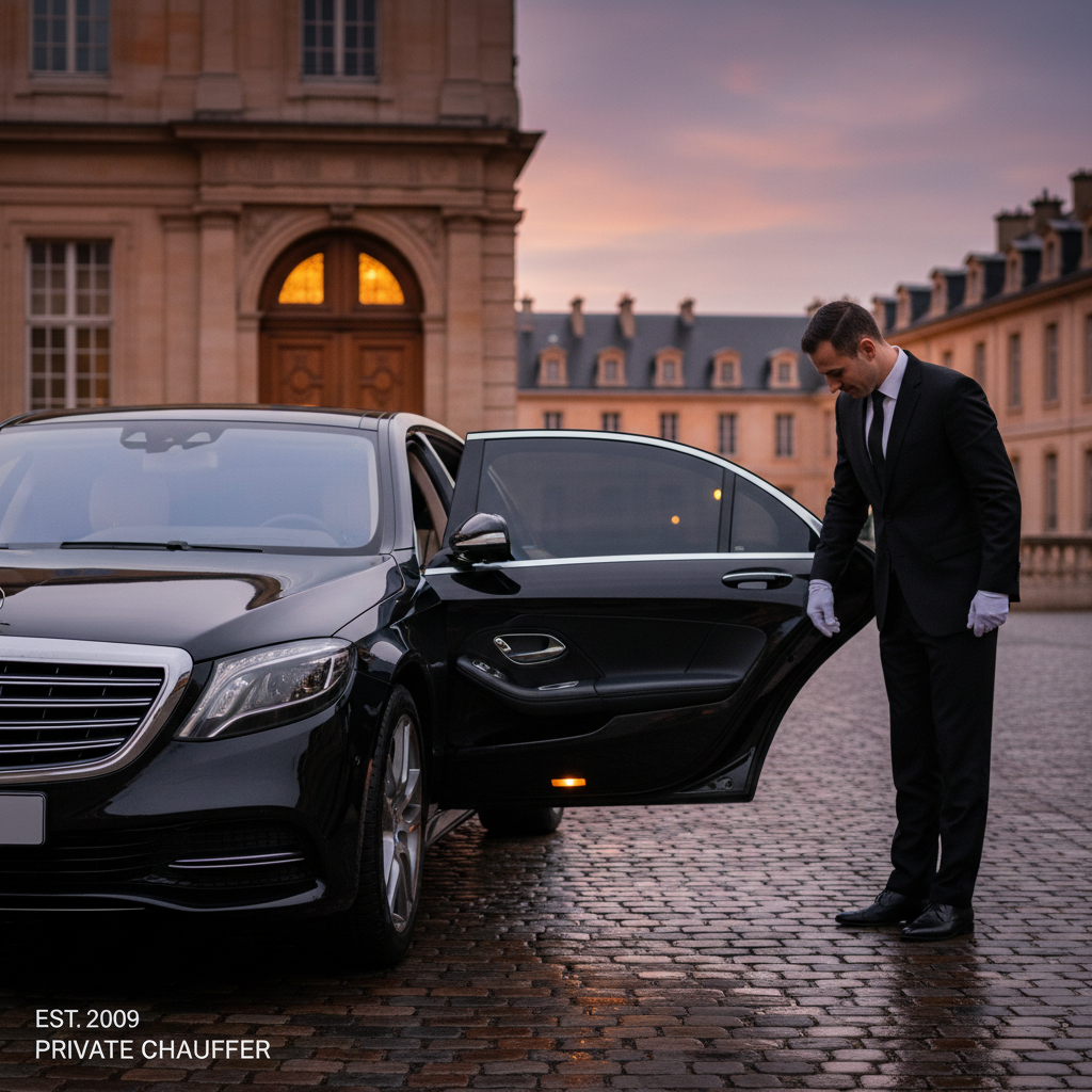 Distinguished chauffeur in tailored black suit opening the rear door of a polished Mercedes S-Class luxury sedan at twilight