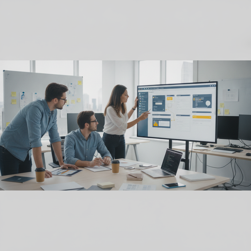 Web designer collaborating with team on a complex user interface design