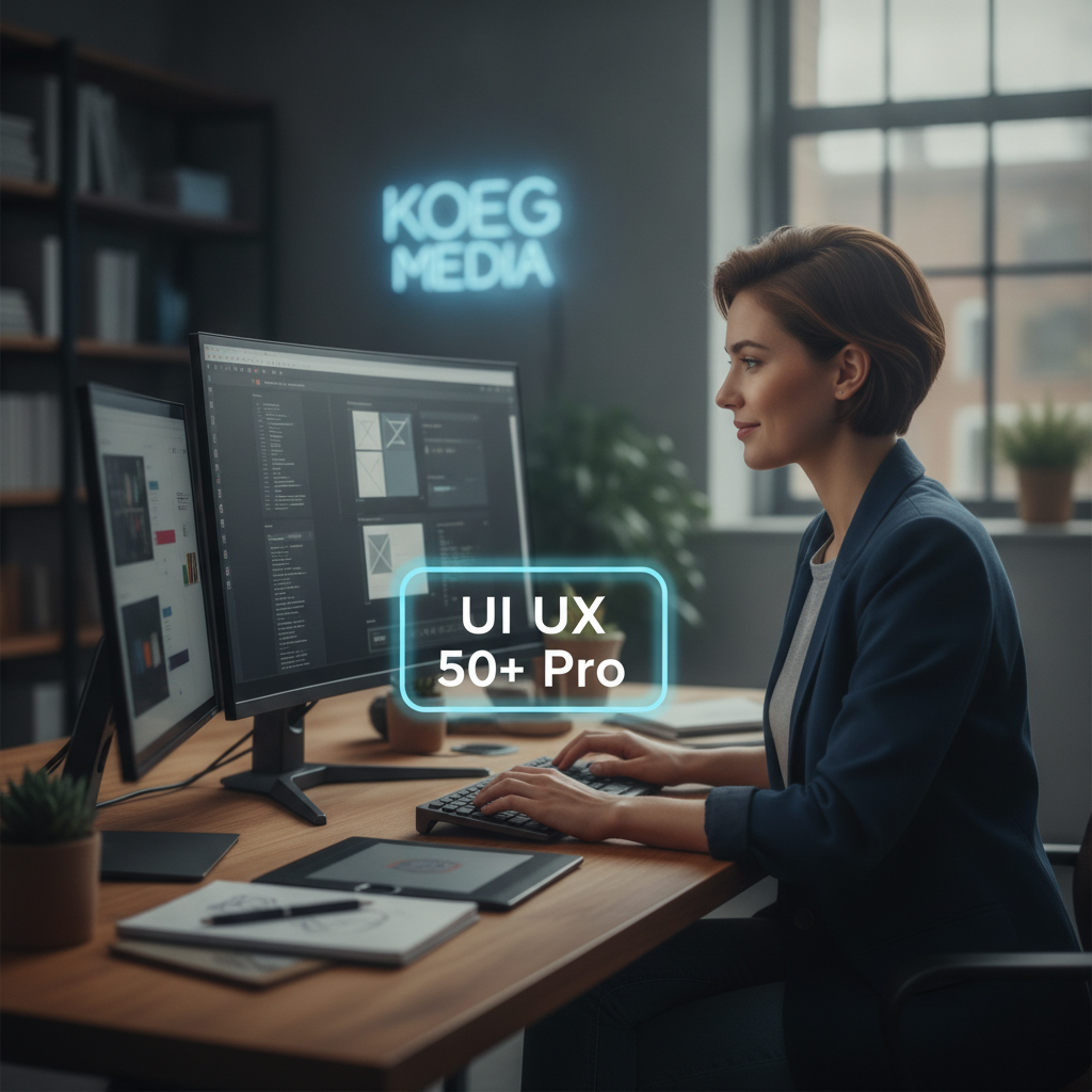 Professional web designer's workspace featuring modern dual monitors displaying custom UI/UX design and code structures
