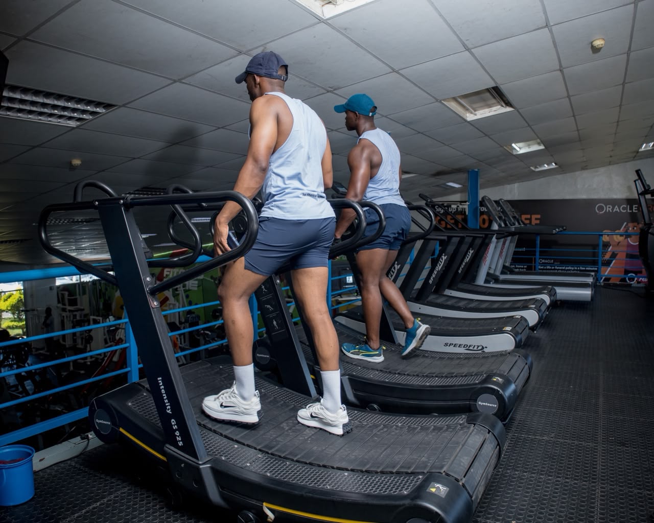 Row of modern treadmills and cardio machines with a view