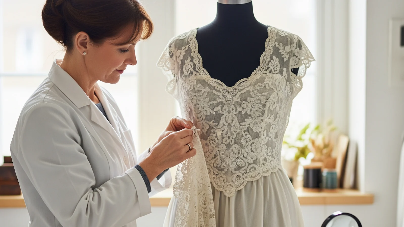 Vintage heirloom wedding gown being carefully restored by expert hands
