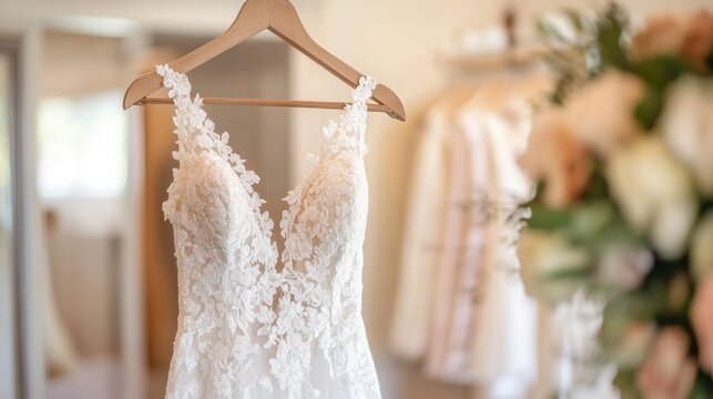 Pristine restored vintage wedding dress hanging elegantly