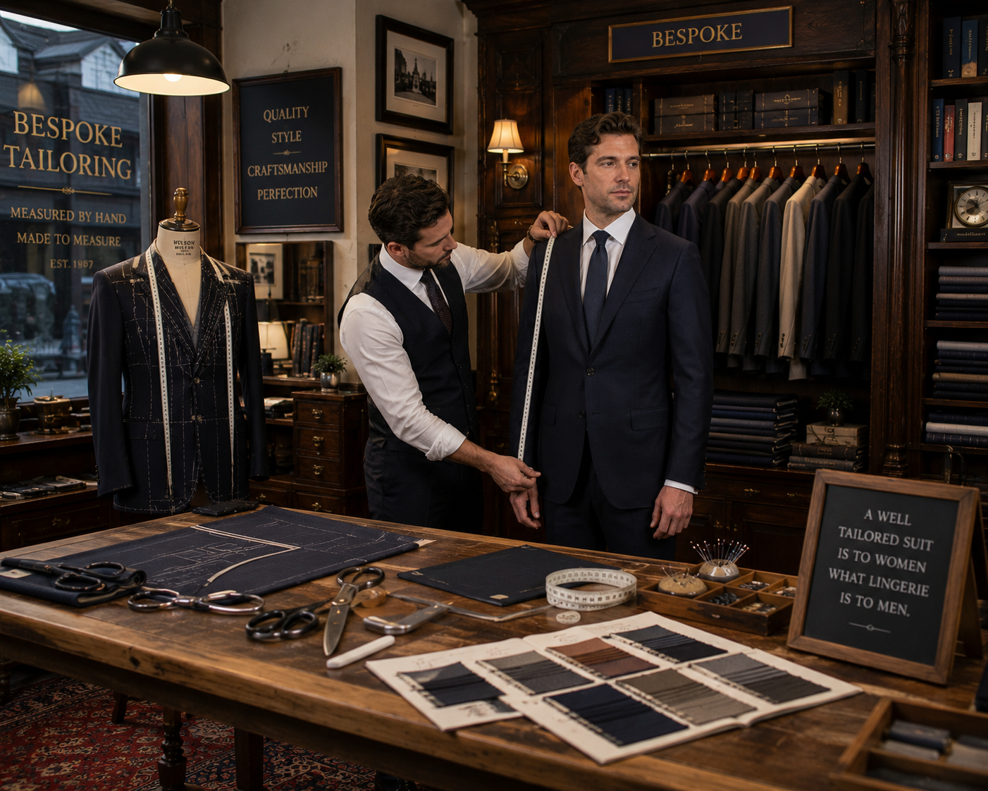 Master tailor meticulously inspecting a luxury bespoke suit
