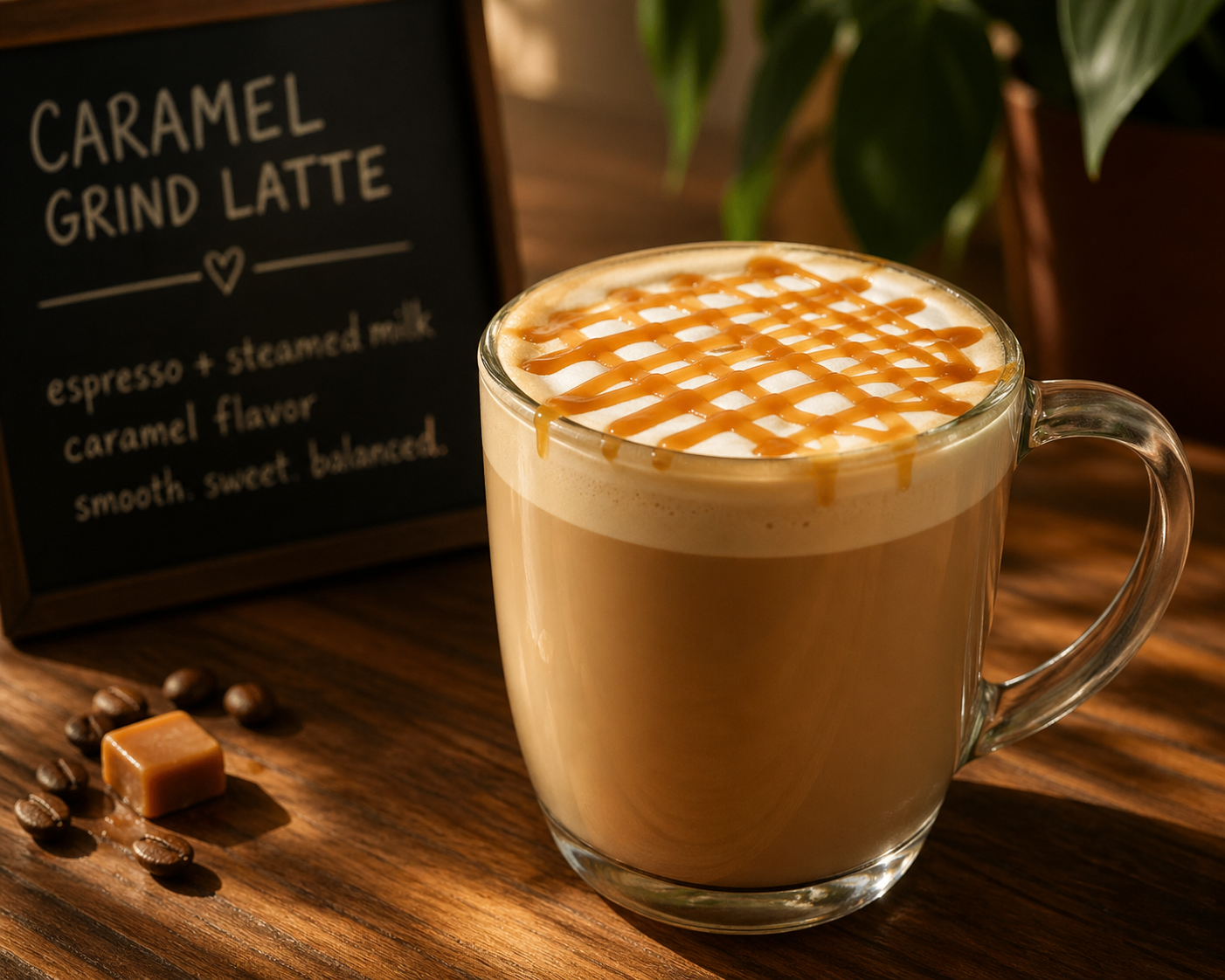 Caramel Grind Latte with rich espresso and house-made caramel drizzle in artisan ceramic cup