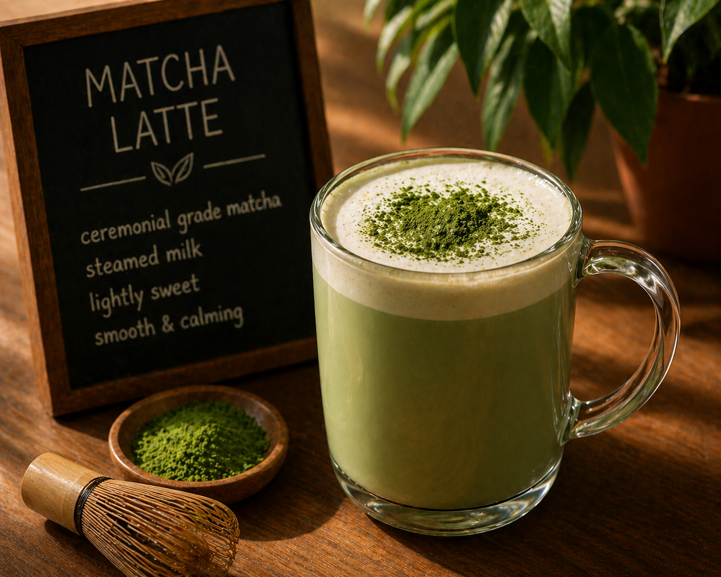 Vibrant green ceremonial grade matcha latte whisked with steamed milk in clear glass mug