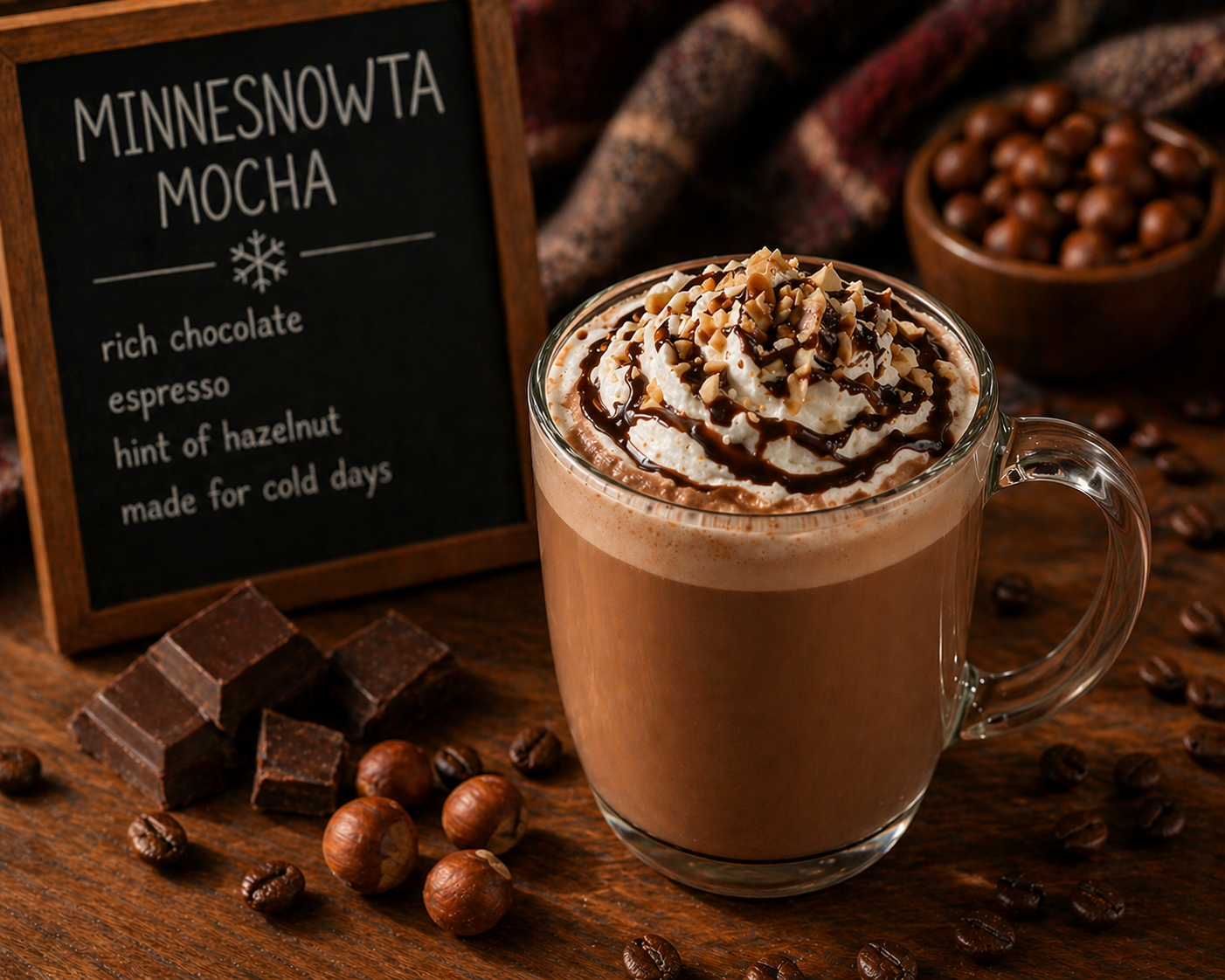 Minnesnowta winter mocha with maple syrup and dark chocolate topped with fluffy whipped cream