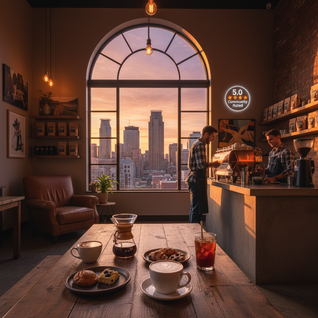 Warm Minneapolis coffee shop interior with fresh artisanal coffee and sunset skyline view