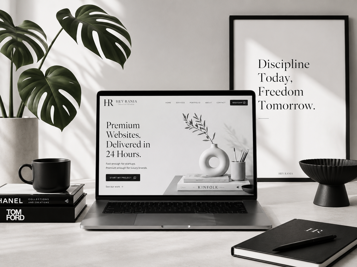 Editorial black and white photograph of a HEY RANIA Creative Studio workspace featuring a minimalist Apple monitor displaying a luxury fashion brand website design, styled in the aesthetic of Vogue and Harper's Bazaar magazine