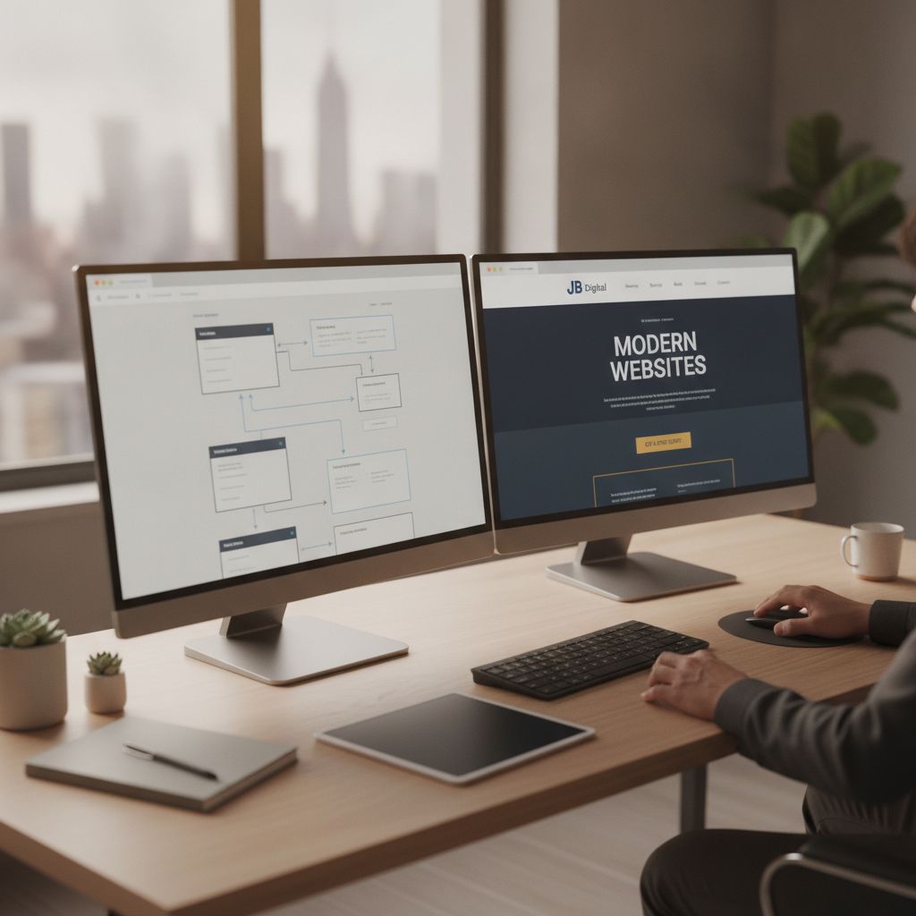 Sleek modern web design workspace showing a professional website wireframe on dual monitors