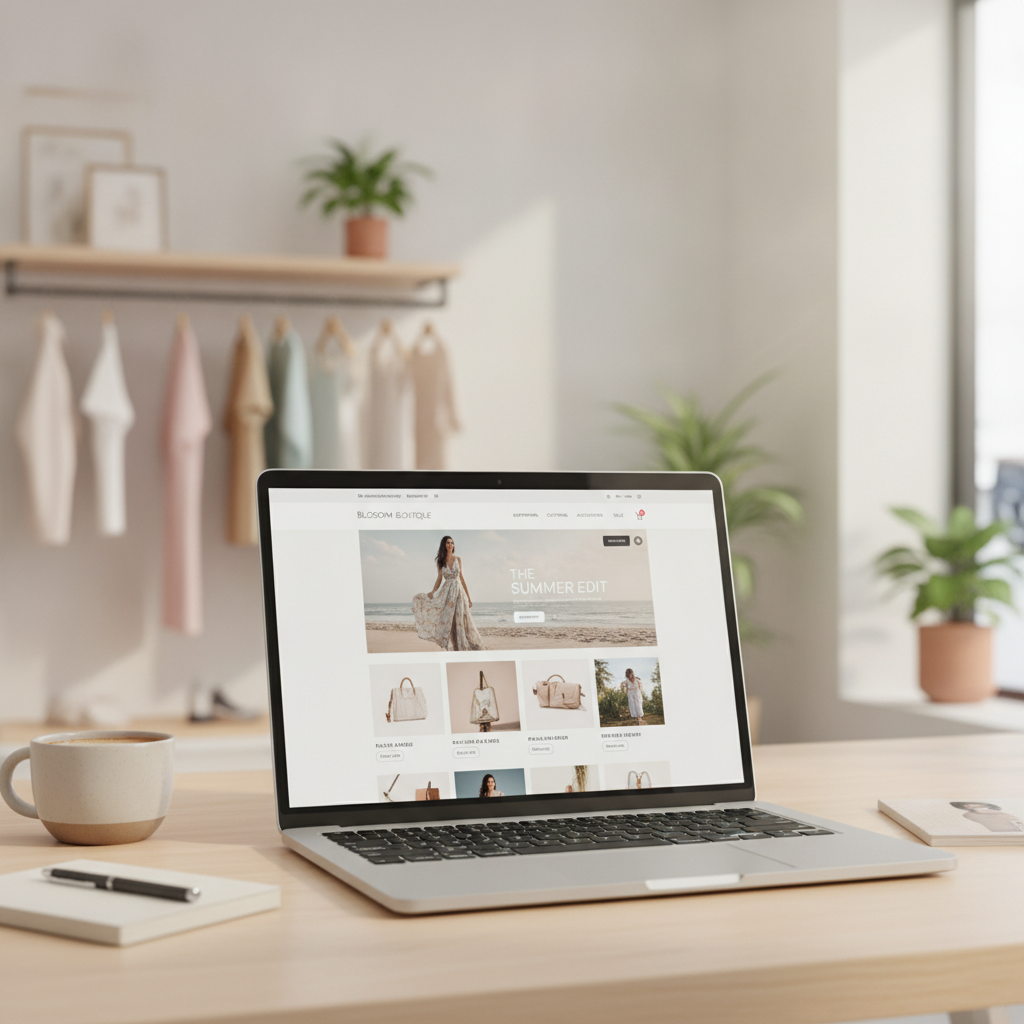 A mockup of a modern e-commerce website for a local boutique displayed on a laptop.