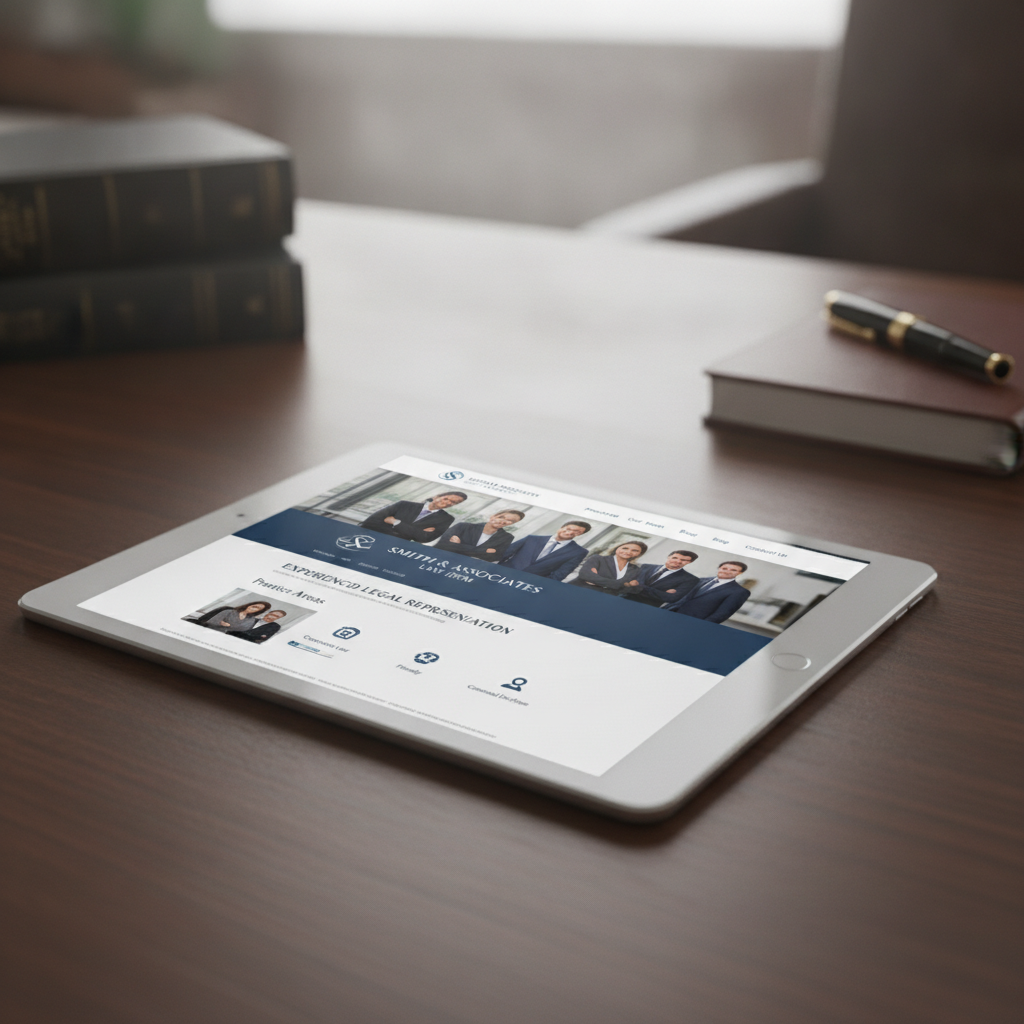 A mockup of a clean, professional website for a local law firm displayed on a tablet.