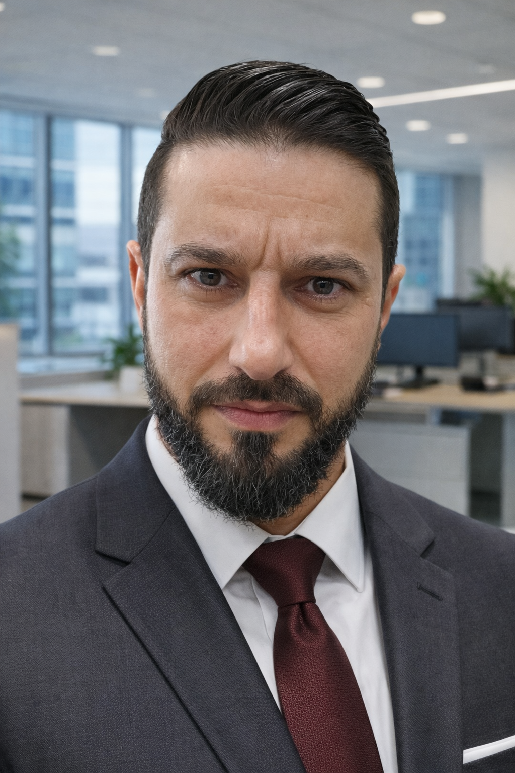 White Lebanese businessman with a clean, neat full beard in an office background