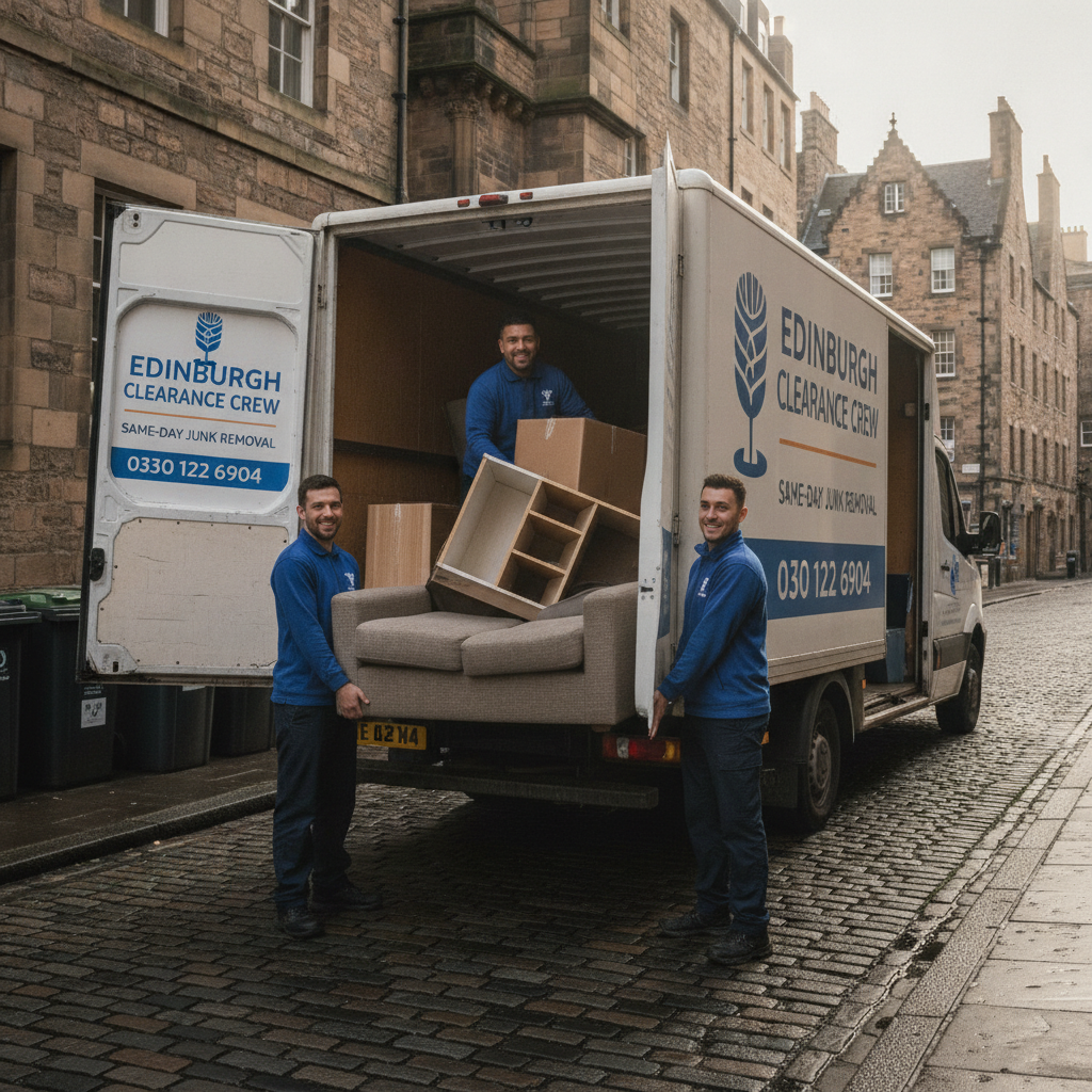 Edinburgh Clearance Crew loading furniture and household junk into a branded removal van on a cobbled Edinburgh street
