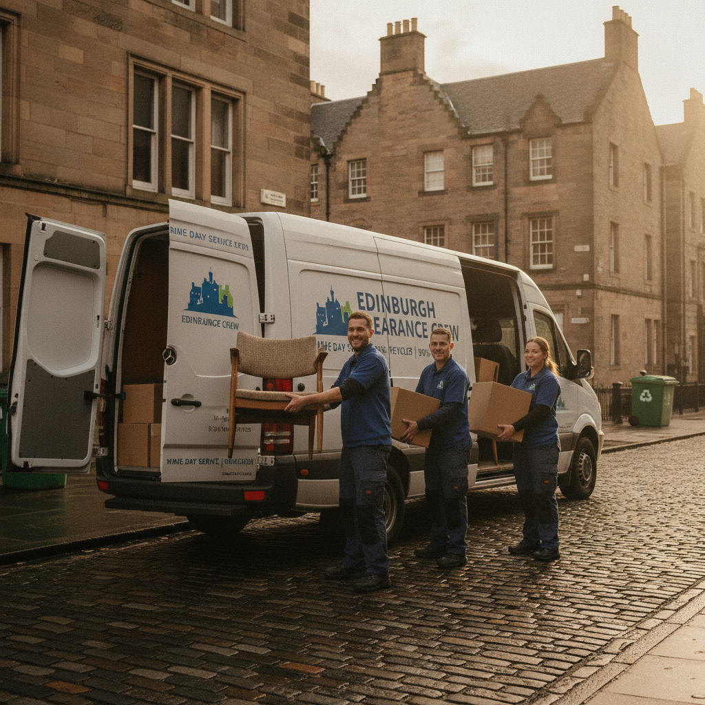 Edinburgh Clearance Crew team loading furniture into their branded van on a cobbled Edinburgh street