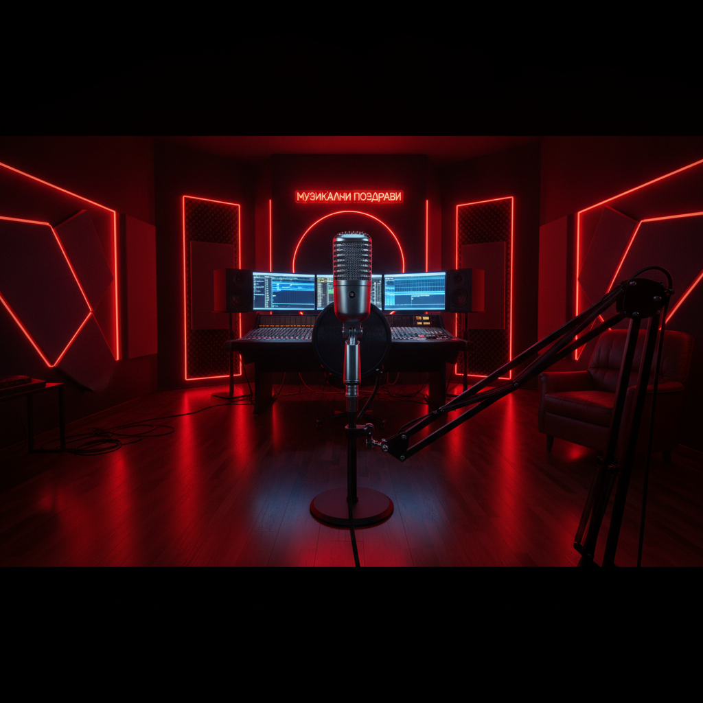 Dramatic dark recording studio with red neon lighting, vintage condenser microphone, and cinematic atmosphere