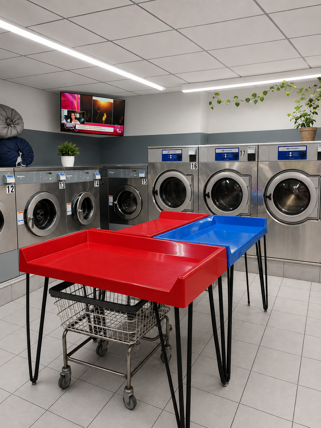 Row of brand new stainless steel washing machines in a bright laundromat