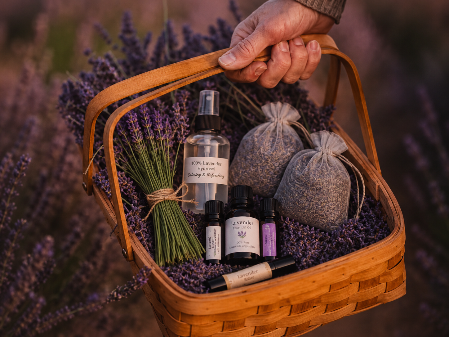 Artfully arranged collection of lavender products including oil, soap, and dried bundles