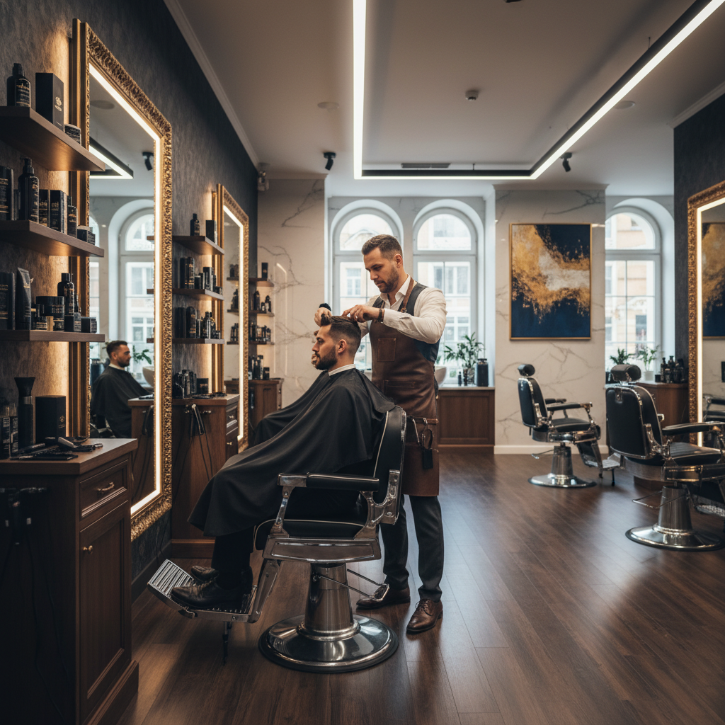 Master barber giving a precise skin fade haircut in a luxurious salon environment.