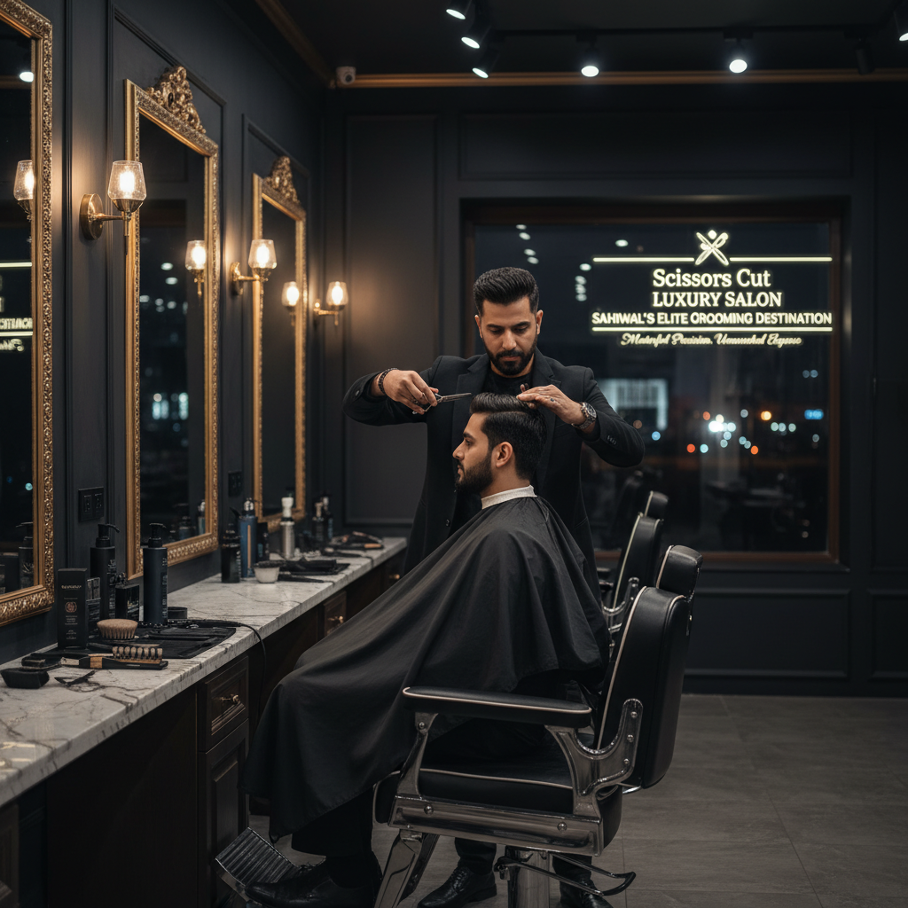 Master barber providing a precision haircut in a luxury editorial-style salon in Sahiwal