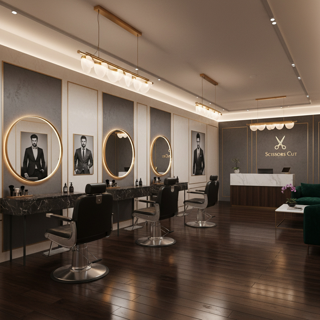 Wide shot of the elegant and modern interior of Scissors Cut Men's Salon with empty leather chairs and gold accents