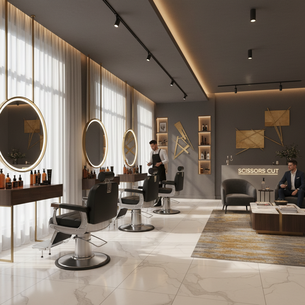 The modern and luxurious interior of Scissors Cut Men's Salon, featuring black leather chairs and gold accents