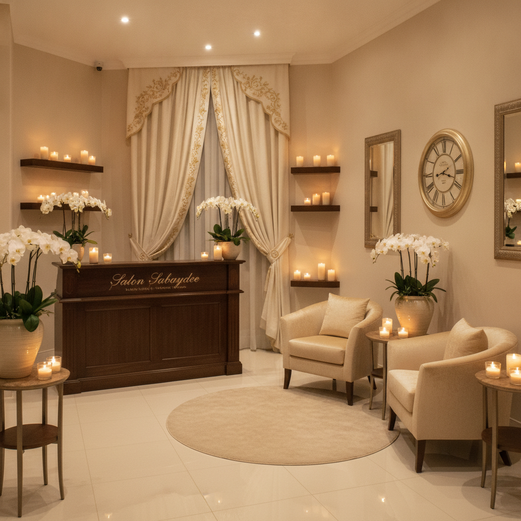 Warm candlelit reception of Salon Sabaydee ladies spa with fresh white orchids, ivory silk drapes and champagne gold detailing