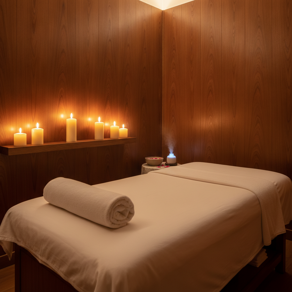 Private ladies massage suite at Salon Sabaydee featuring warm walnut wood panels, softly lit pillar candles and pressed linen