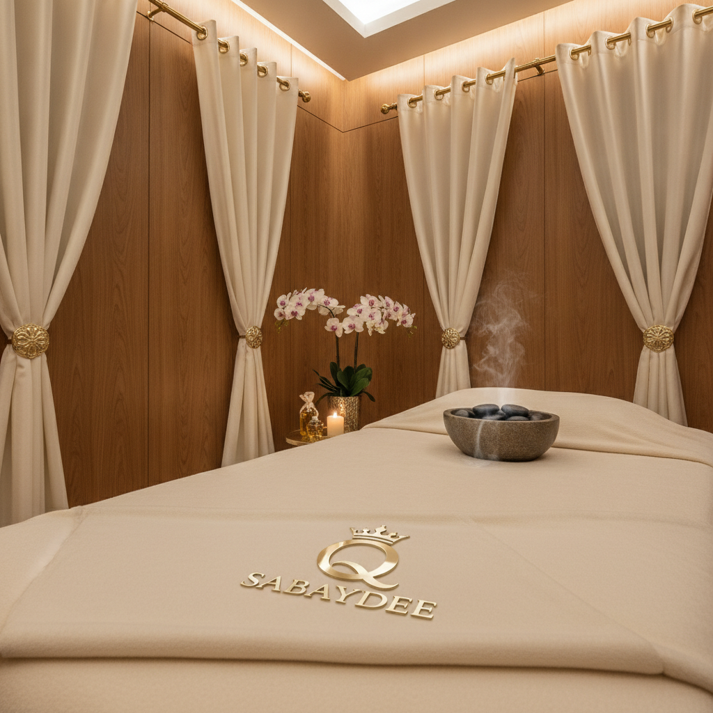 Elegant candlelit ladies massage treatment room at Salon Sabaydee with warm walnut wood panels, silk drapes, fresh orchids and champagne gold accents