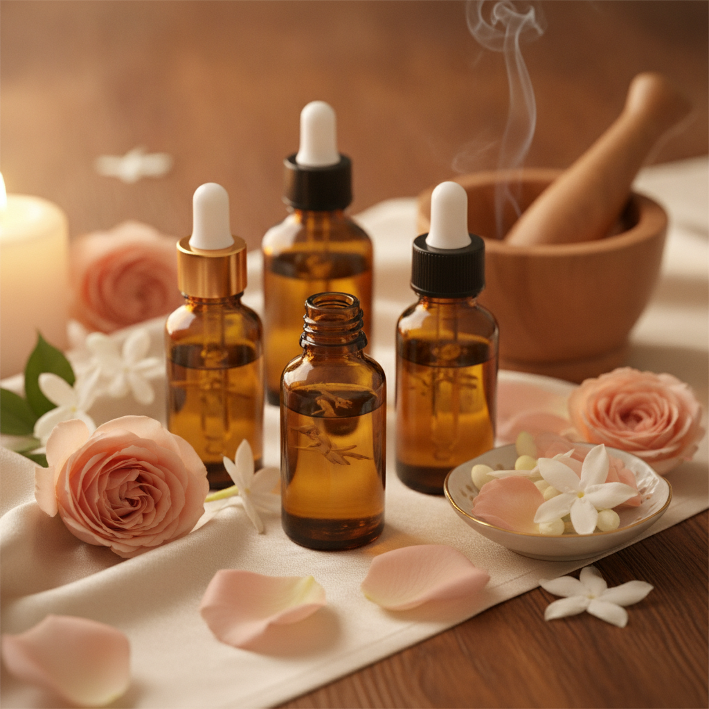 Amber glass essential oil bottles with fresh rose petals and jasmine blossoms arranged for aromatherapy massage ritual
