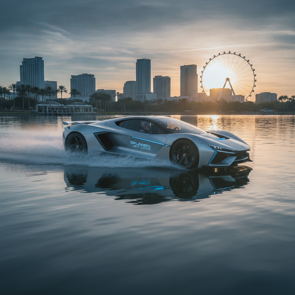 Premium exotic jet car speeding across the water in Orlando, combining supercar design with water sports thrill
