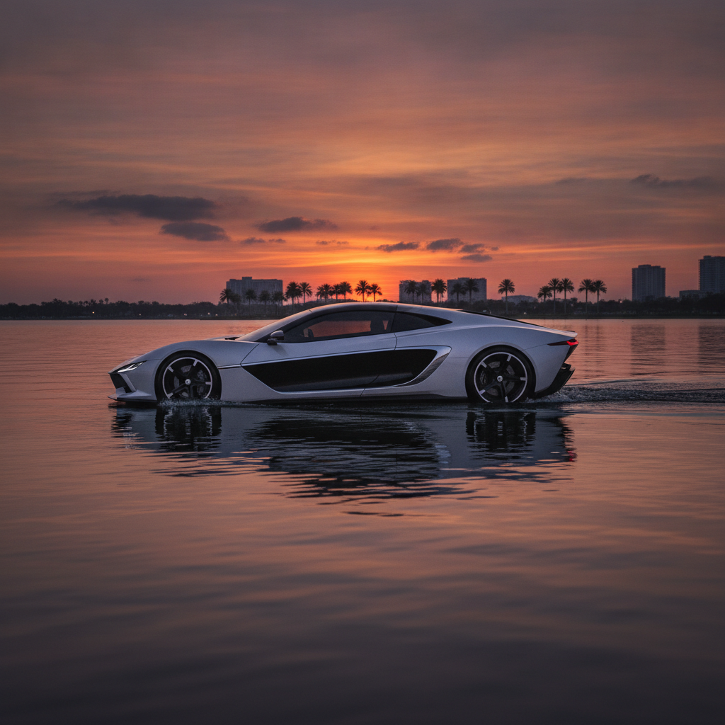 Side profile of a luxury jet car cruising calmly on the water during a vibrant orange and purple sunset in Florida.